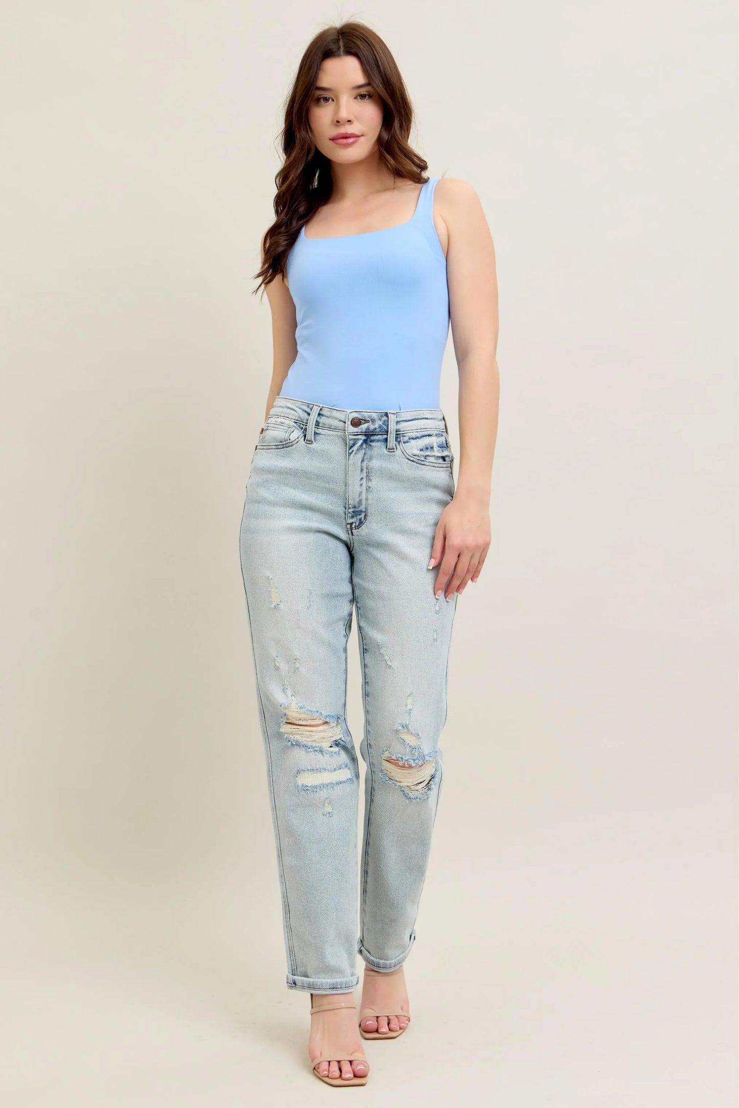 Judy Blue Full Size Mr Repair Stitch Detail Destroy Single Cuff Bf Jeans Plus Size - Tigbul's Variety Fashion Shop