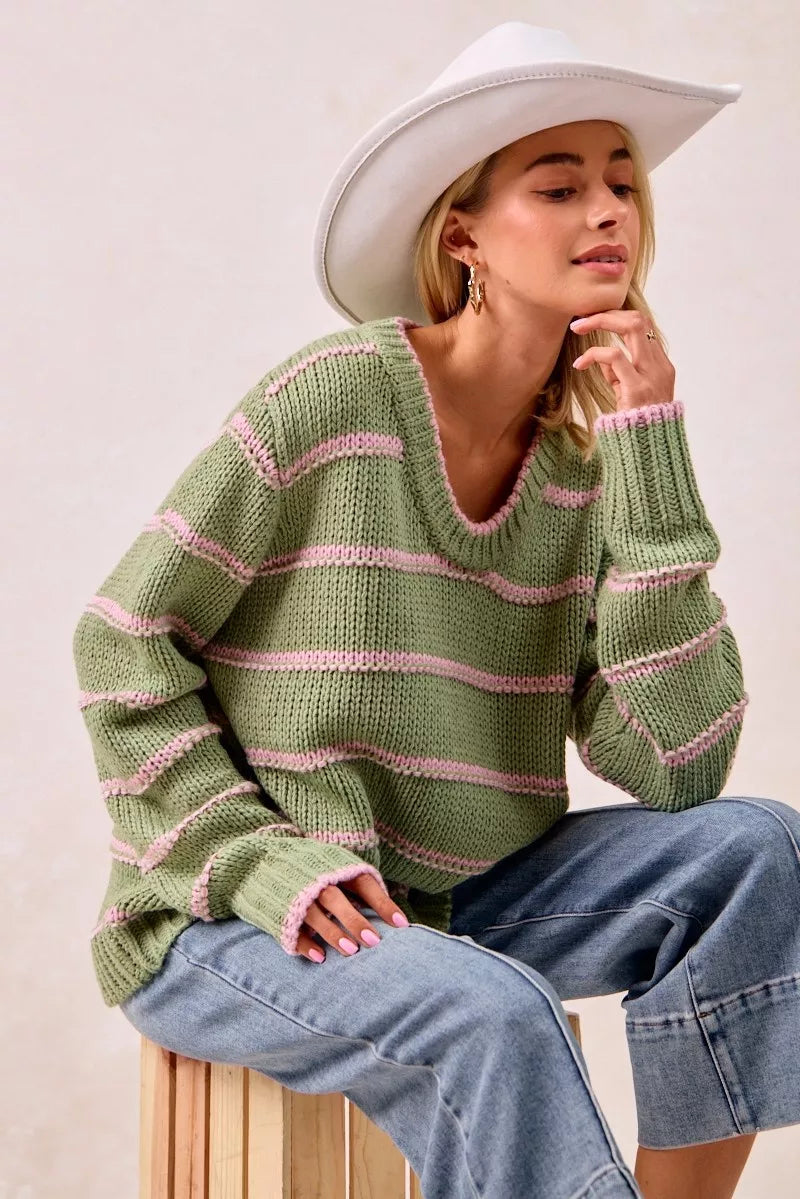 BiBi Striped Long Sleeve Sweater - Tigbul's Variety Fashion Shop