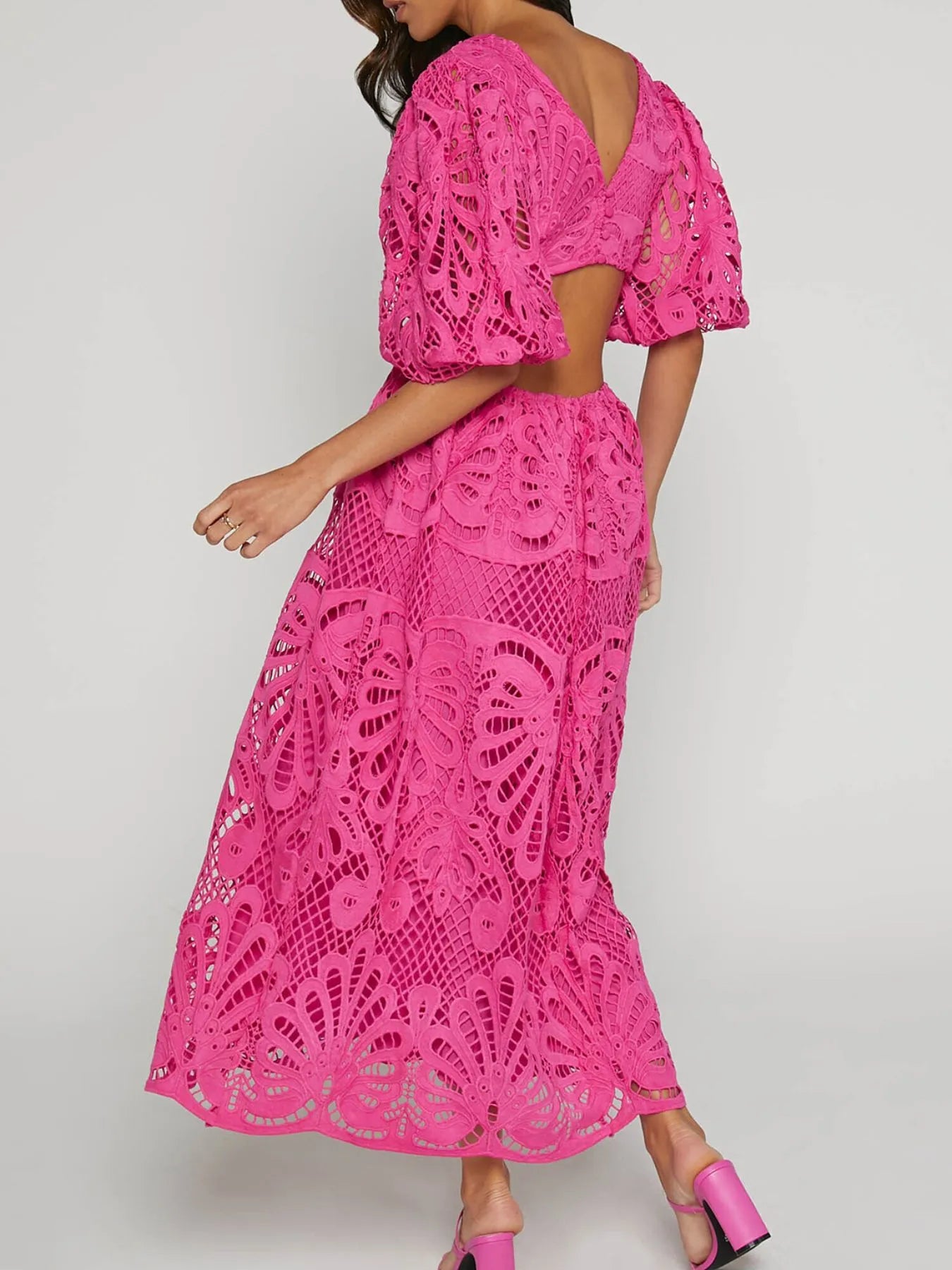 Cutout Back Lace Crochet V-Neck Dress - Tigbul's Variety Fashion Shop