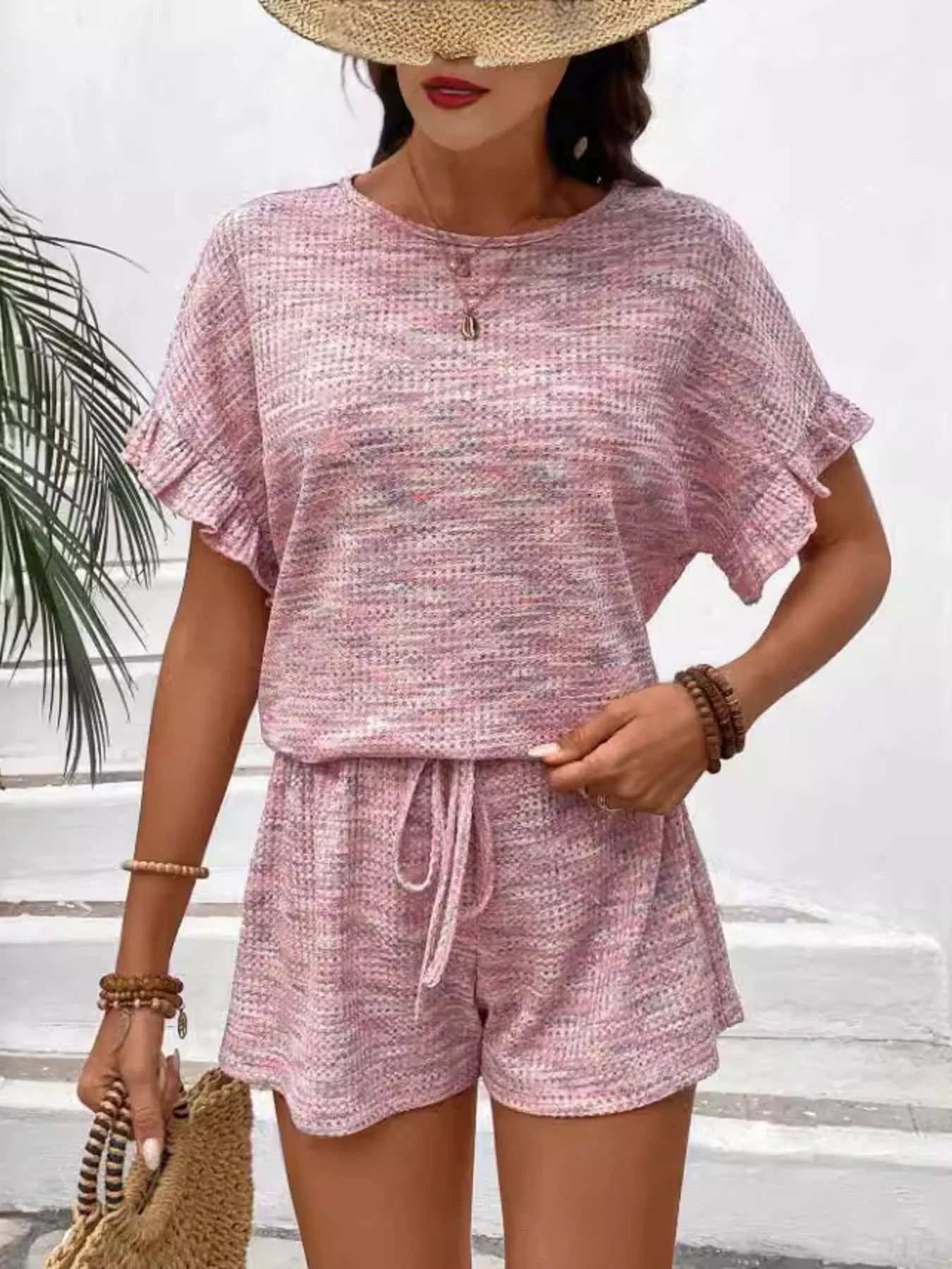 Heathered Round Neck Top and Shorts Set - Tigbul's Variety Fashion Shop
