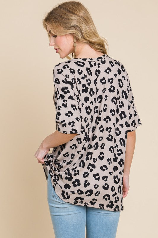 Button Detail Exposed Seam Leopard Half Sleeve Top - Tigbul's Variety Fashion Shop