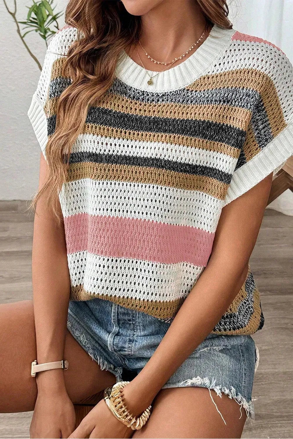 Stripe Color Block Eyelet Knit Short Sleeve Knit Top - Tigbul's Variety Fashion Shop