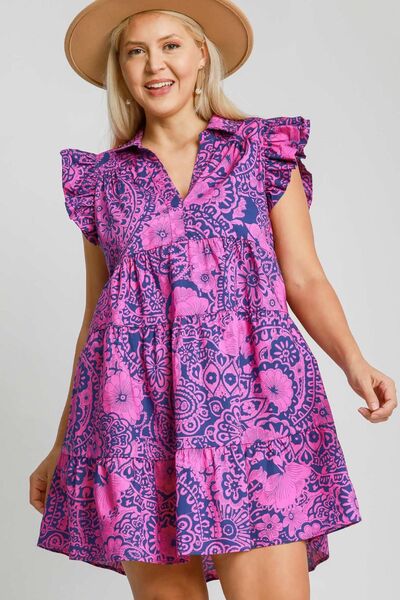 Navy/Pink Printed Ruffle Cap Sleeve Babydoll Dress - Tigbul's Variety Fashion Shop