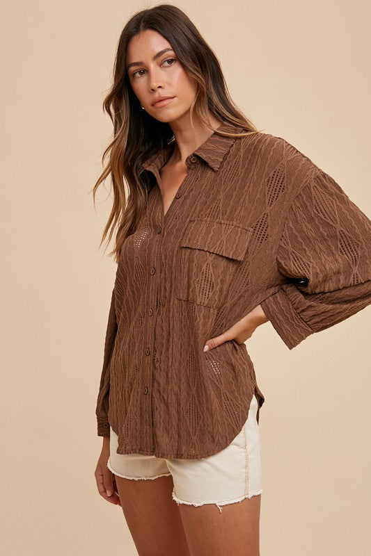 Brown Openwork Button Down Drop Shoulder Shirt - Tigbul's Variety Fashion Shop