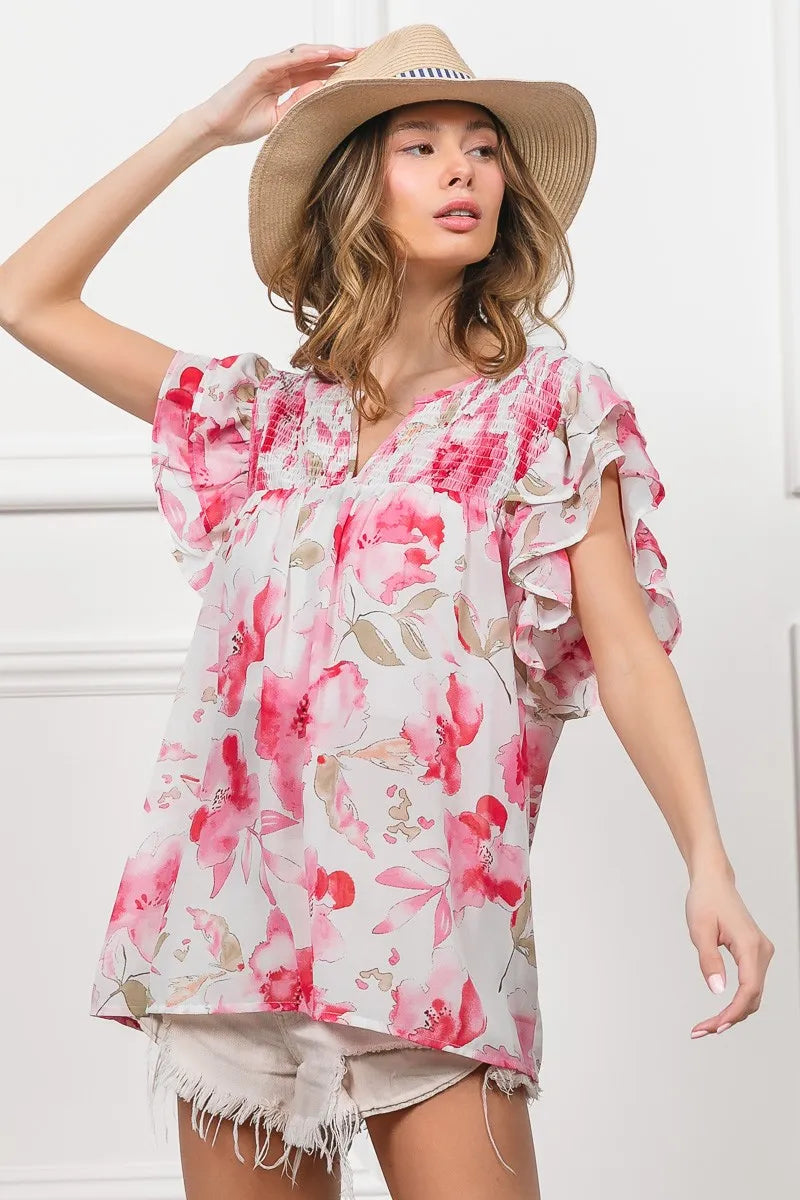 BiBi Floral Print Flutter Sheer Top - Tigbul's Variety Fashion Shop