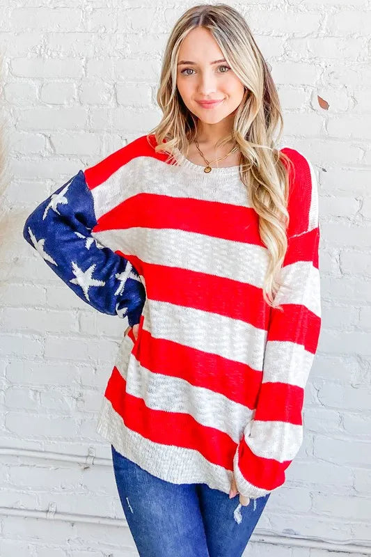Red/Navy American Flag Long Sleeve Sweater - Tigbul's Variety Fashion Shop