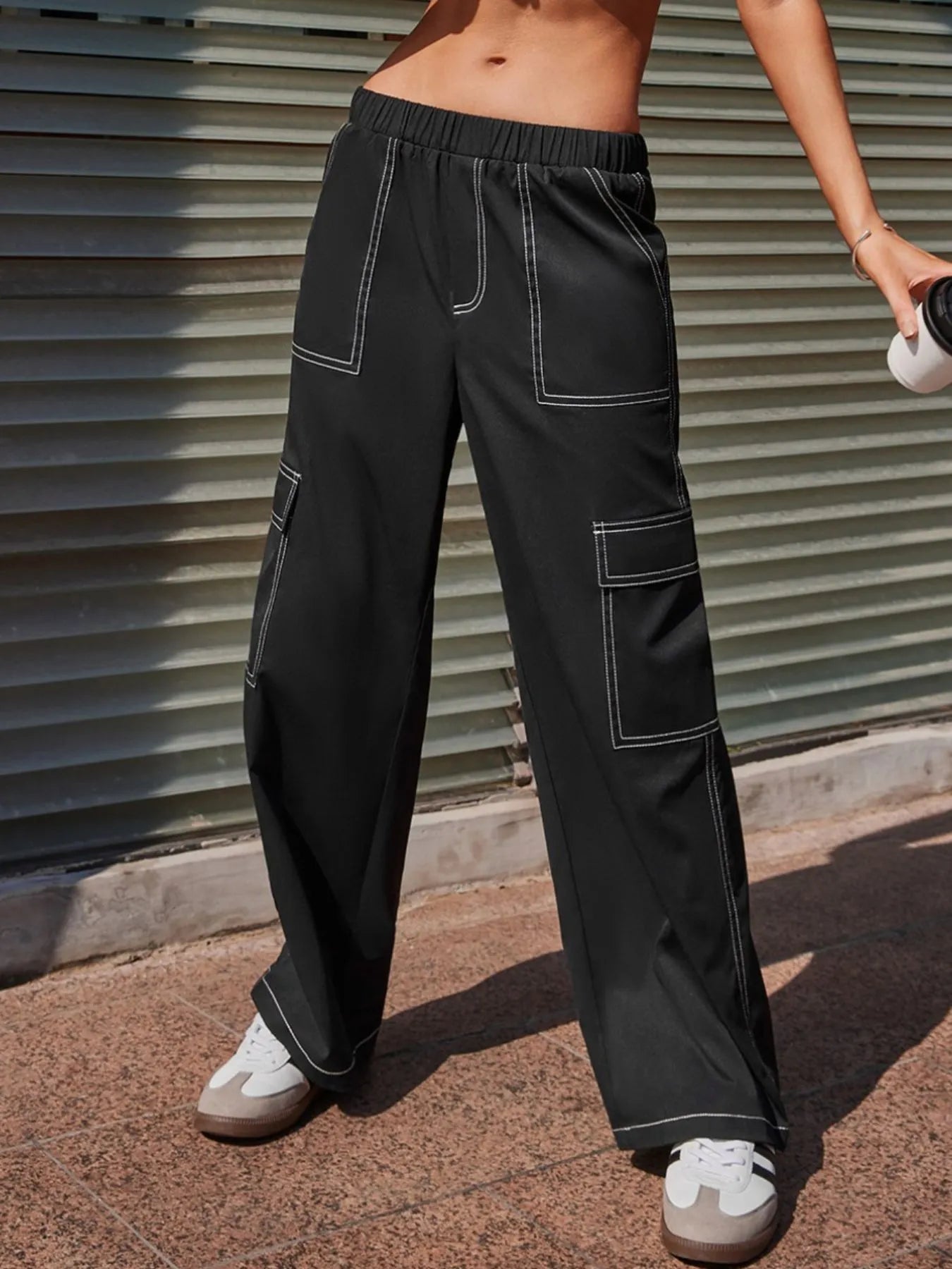 Wide Leg Pants with Contrast Stitching - Tigbul's Variety Fashion Shop