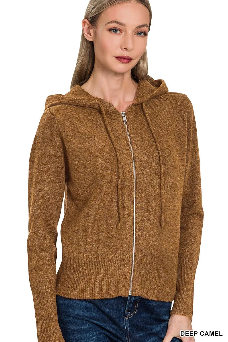 Zenana Drawstring Zip Up Hooded Cardigan - Tigbul's Variety Fashion Shop