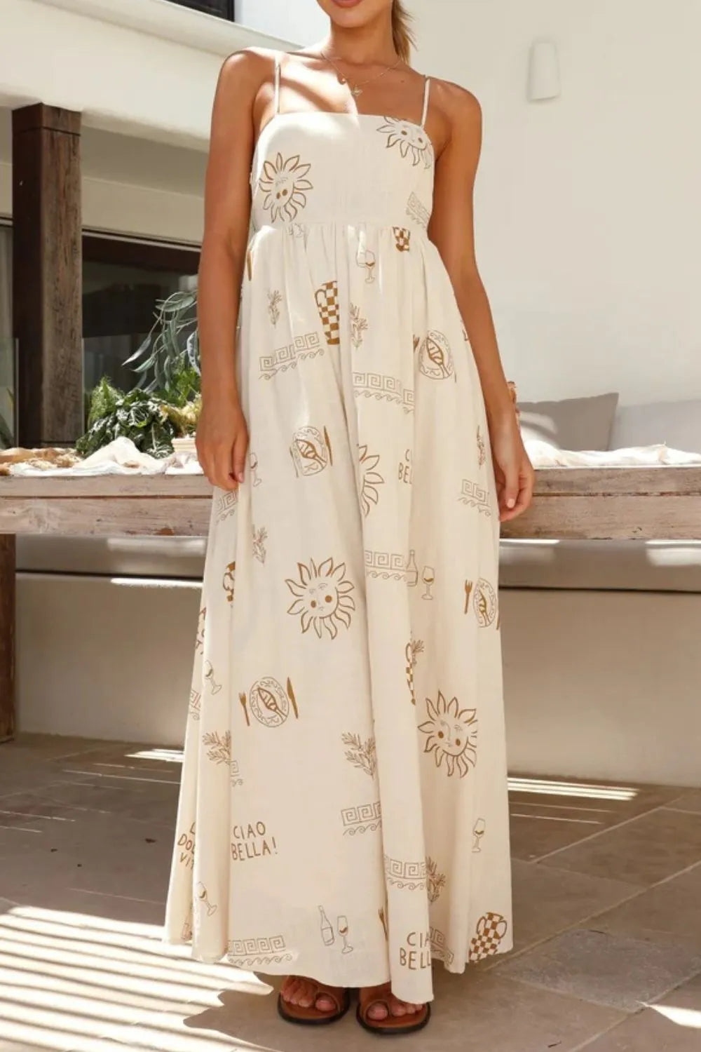 Cutout Back Printed Square Neck Maxi Cami Dress - Tigbul's Variety Fashion Shop
