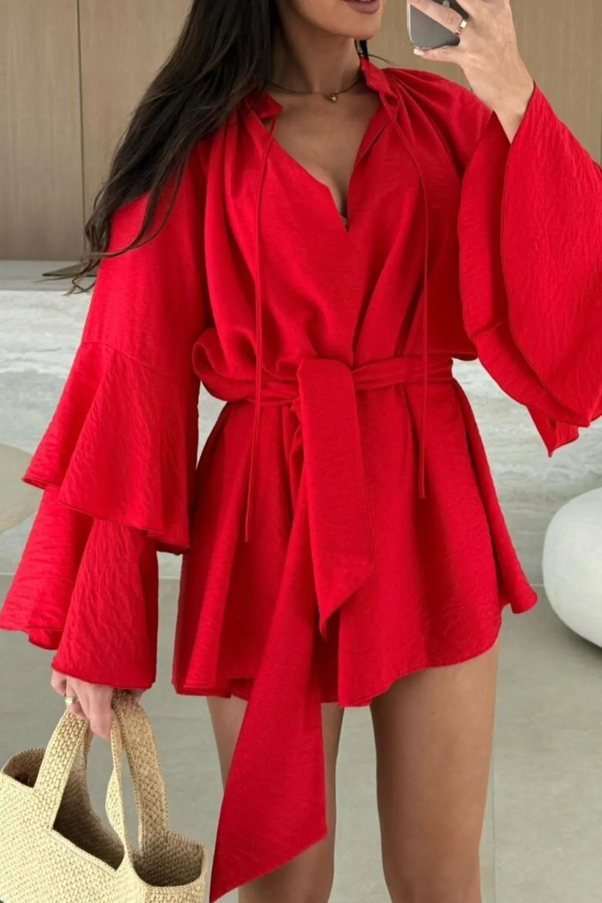 Bell Sleeve Tie Waist Mini Shirt Dress - Tigbul's Variety Fashion Shop