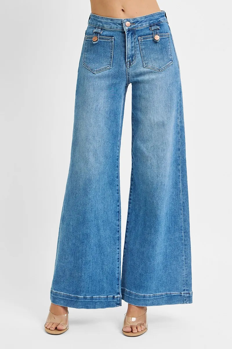 RISEN Full Size Mid Rise Wide Front Patch Pocket Jeans Plus Size - Tigbul's Variety Fashion Shop