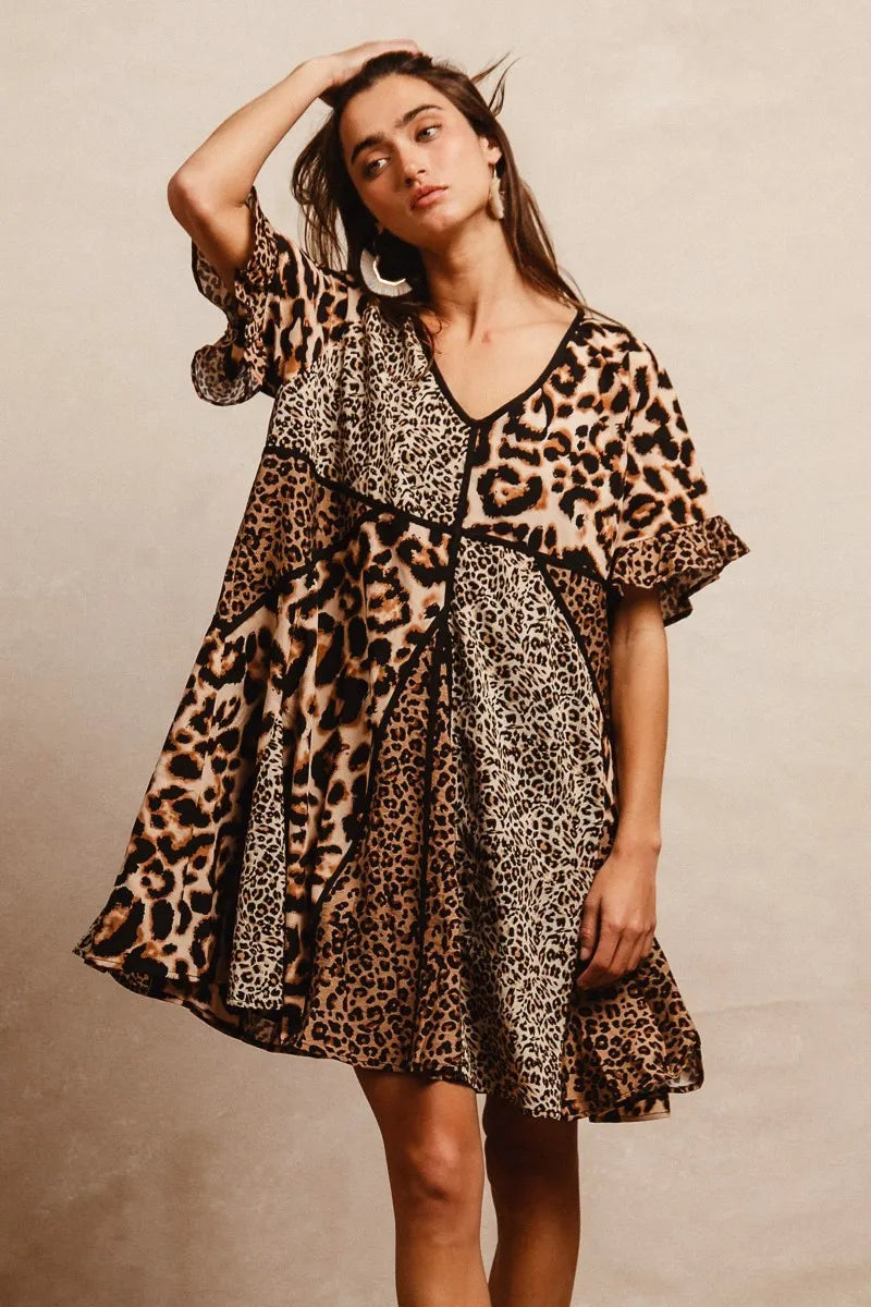 BiBi Leopard Prints Mix and Match Short Sleeves Dress - Tigbul's Variety Fashion Shop