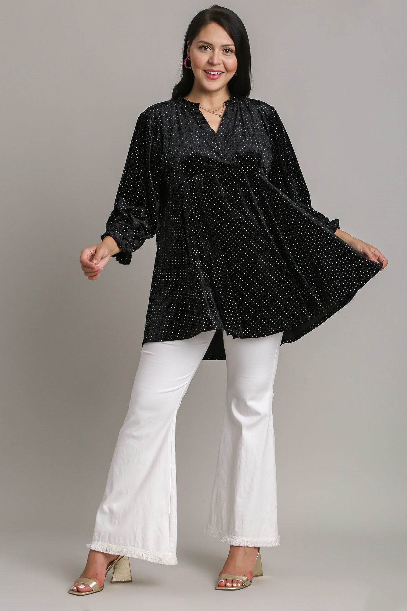 Beaded Frill Flounce Sleeve Black Velvet Babydoll Blouse - Tigbul's Variety Fashion Shop