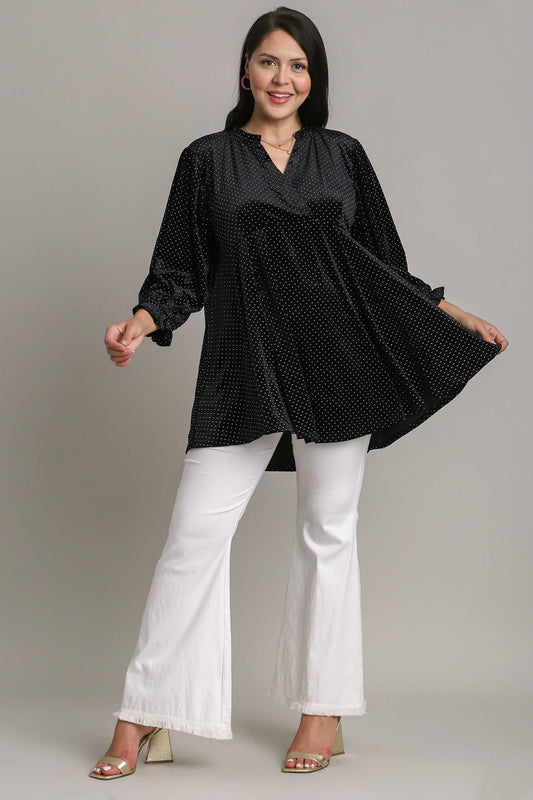 Beaded Frill Flounce Sleeve Black Velvet Babydoll Blouse - Tigbul's Variety Fashion Shop