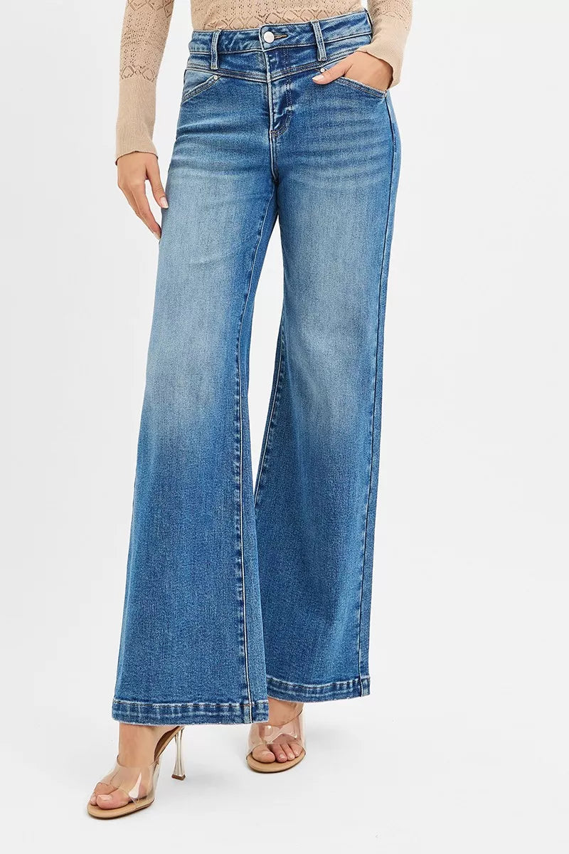 RISEN High Rise Wide Leg Jenas with Front Yoke and Heart Back Pocket - Tigbul's Variety Fashion Shop
