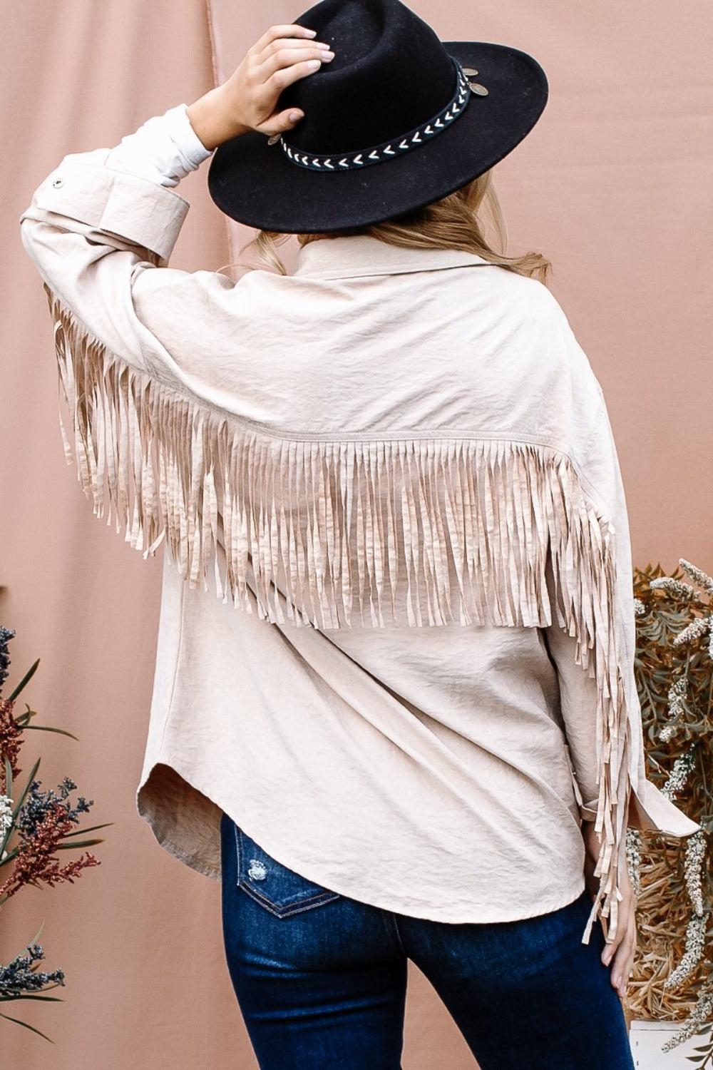 Beige Fringe Back Detailed Button Down Shacket - Tigbul's Variety Fashion Shop