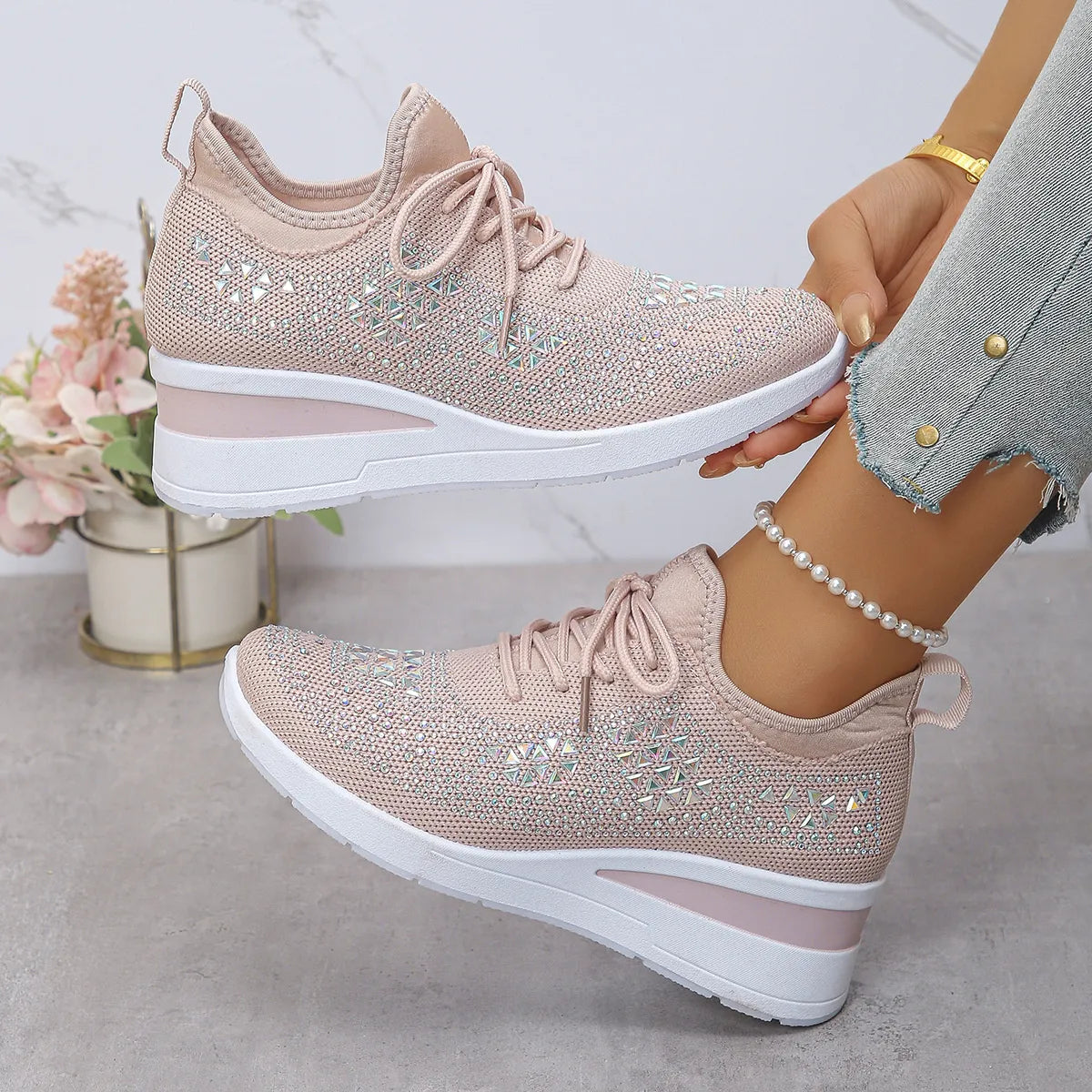 Breathable Mesh Rhinestone Wedge Athletic Sneakers - Tigbul's Variety Fashion Shop