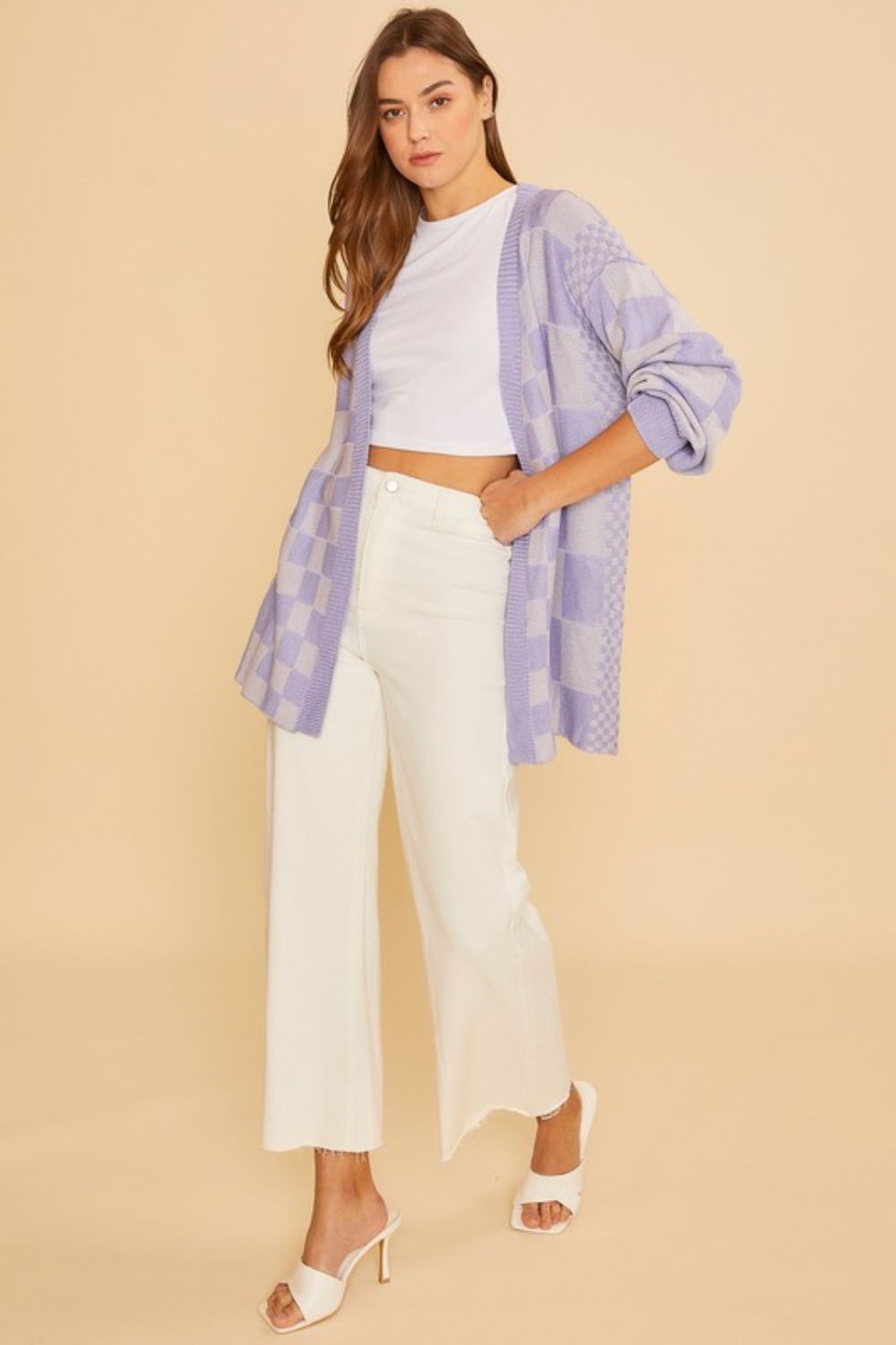 Lavender Checkered Open Front Drop Shoulder Cardigan - Tigbul's Variety Fashion Shop
