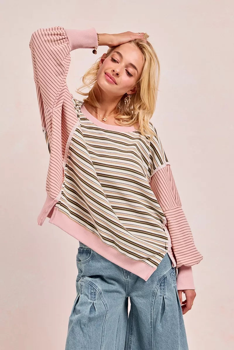 BiBi Stripe Mixed Top With Cut Edge And Reverse Outseam - Tigbul's Variety Fashion Shop