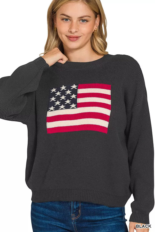 Zenana American Flag Crew Neck Sweater - Tigbul's Variety Fashion Shop