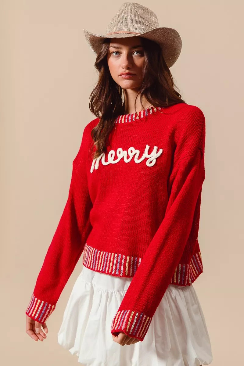 SO ME Merry Lettering Embroidered Christmas Sweater - Tigbul's Variety Fashion Shop