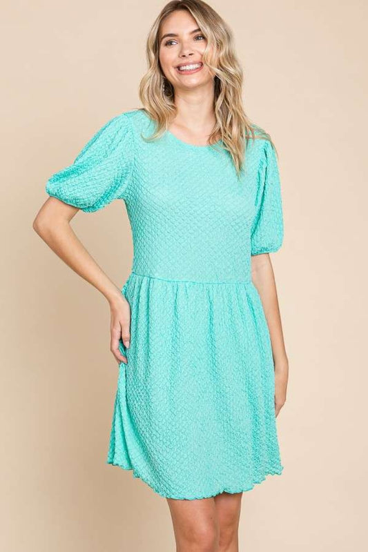 Mint Green Textured Round Neck Puff Sleeve Dress - Tigbul's Variety Fashion Shop