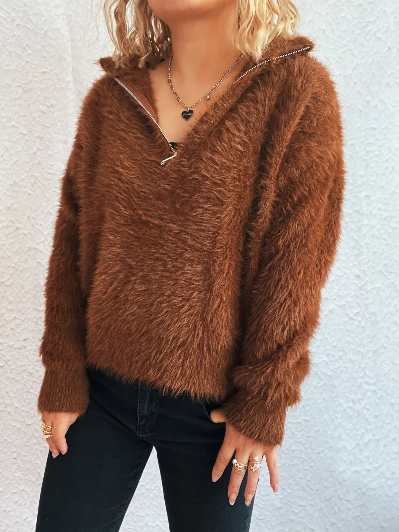 Cozy Fuzzy Half-Zip Sweater - Tigbul's Variety Fashion Shop