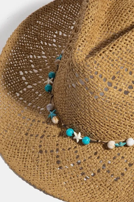 Fame Turquoise and Shell Star Beads Strap Western Straw Hat - Tigbul's Variety Fashion Shop