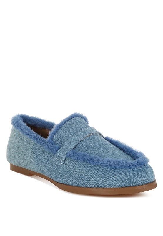 Nivena Fur Detail Denim Loafers - Tigbul's Variety Fashion Shop