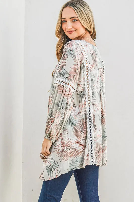 Sage Green Printed with Lace Trim Casual Tunic Top - Tigbul's Variety Fashion Shop