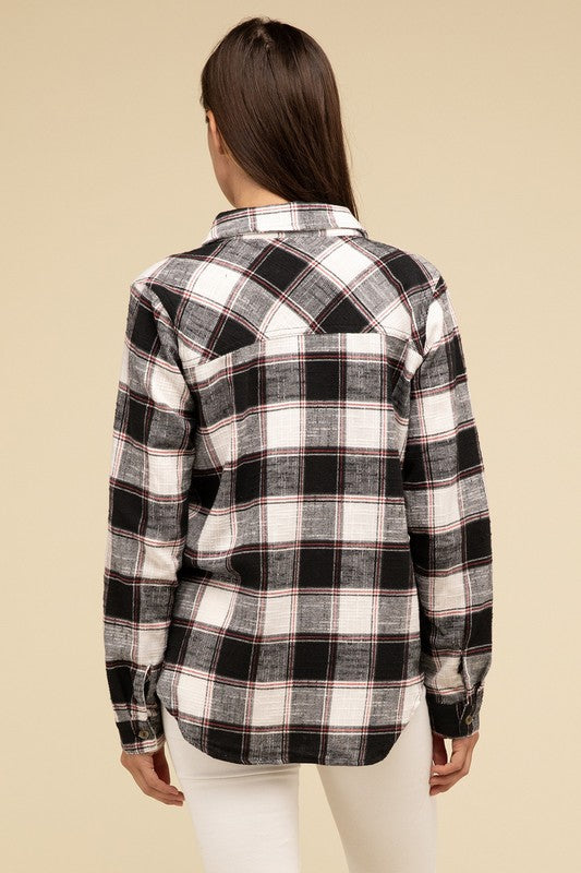 Cotton Plaid Shacket With Front Pocket - Tigbul's Variety Fashion Shop