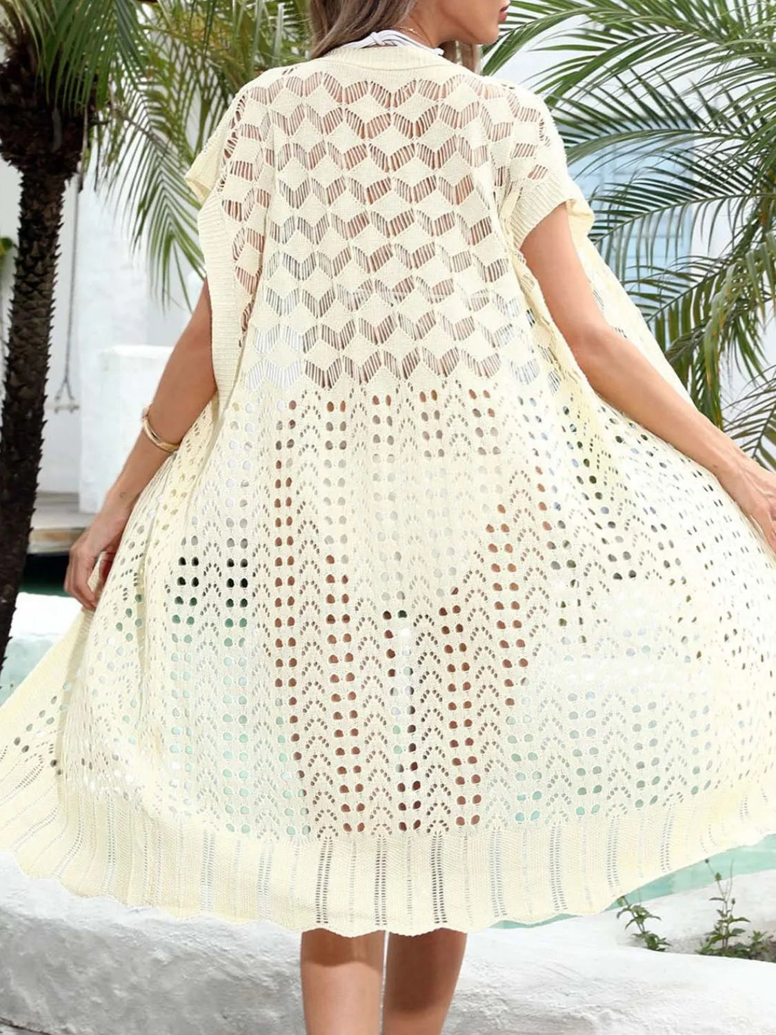 Open Front Short Sleeve Openwork Cover-Up - Tigbul's Variety Fashion Shop