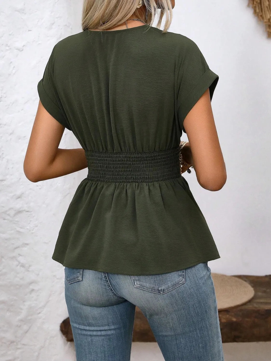 Surplice Short Sleeve Blouse - Tigbul's Variety Fashion Shop