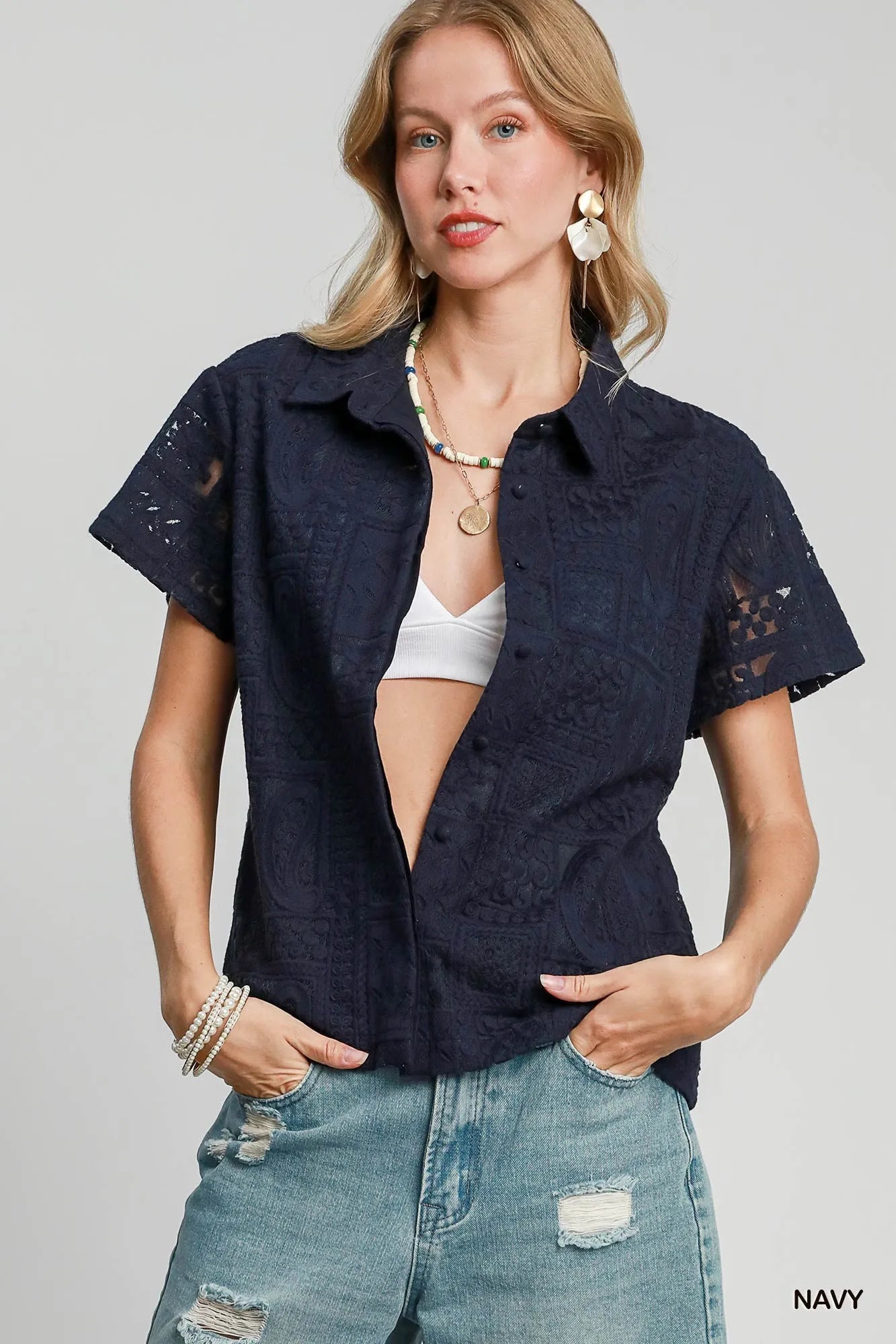 Umgee Patch Lace Short Sleeve Button Down Shirt - Tigbul's Variety Fashion Shop