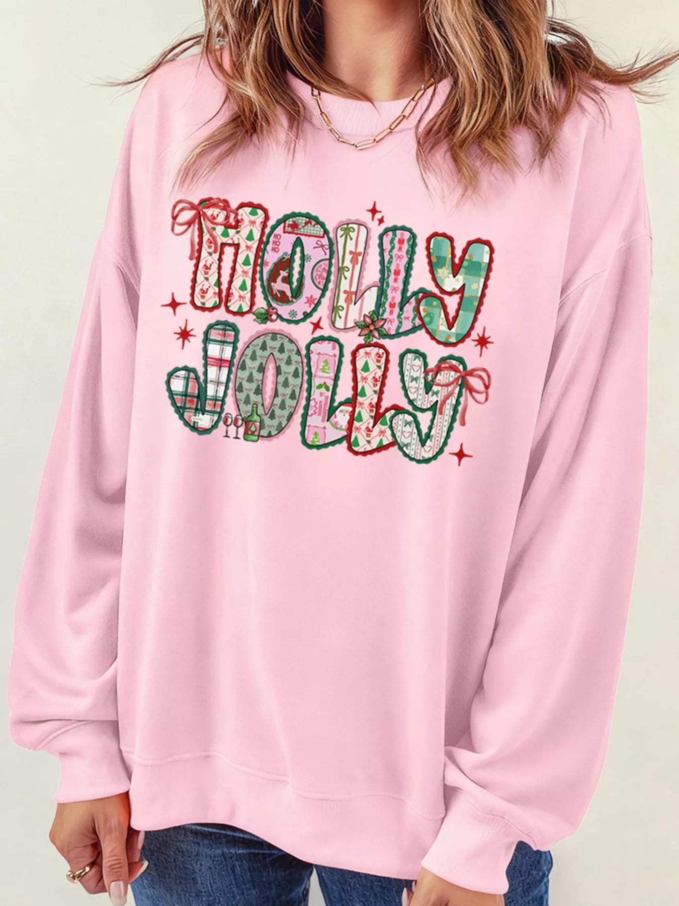 HOLLY JOLLY Cute Holiday Graphic Sweatshirt - Tigbul's Variety Fashion Shop