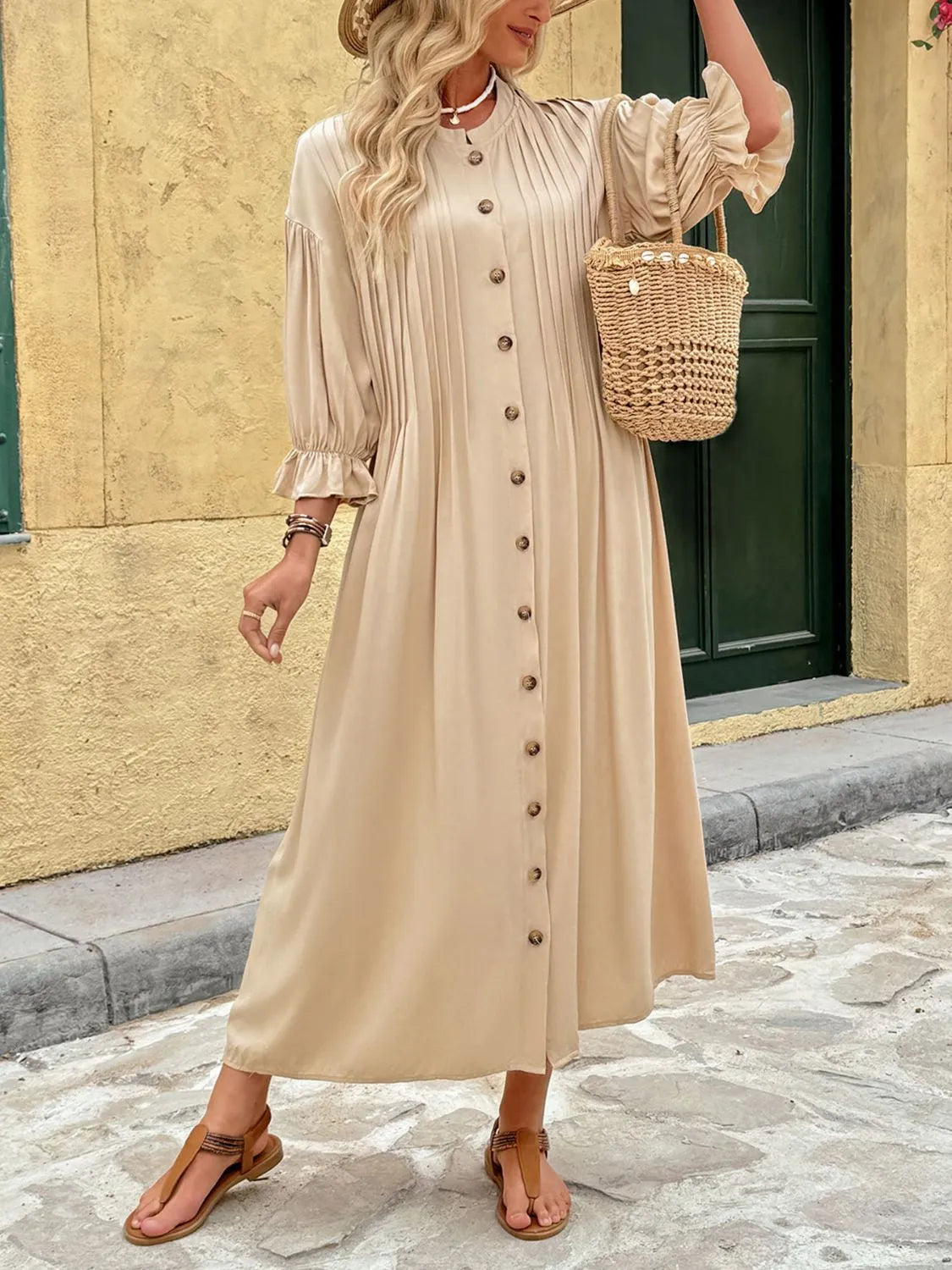 Button Front Flounce Sleeve Tan Dress - Tigbul's Variety Fashion Shop