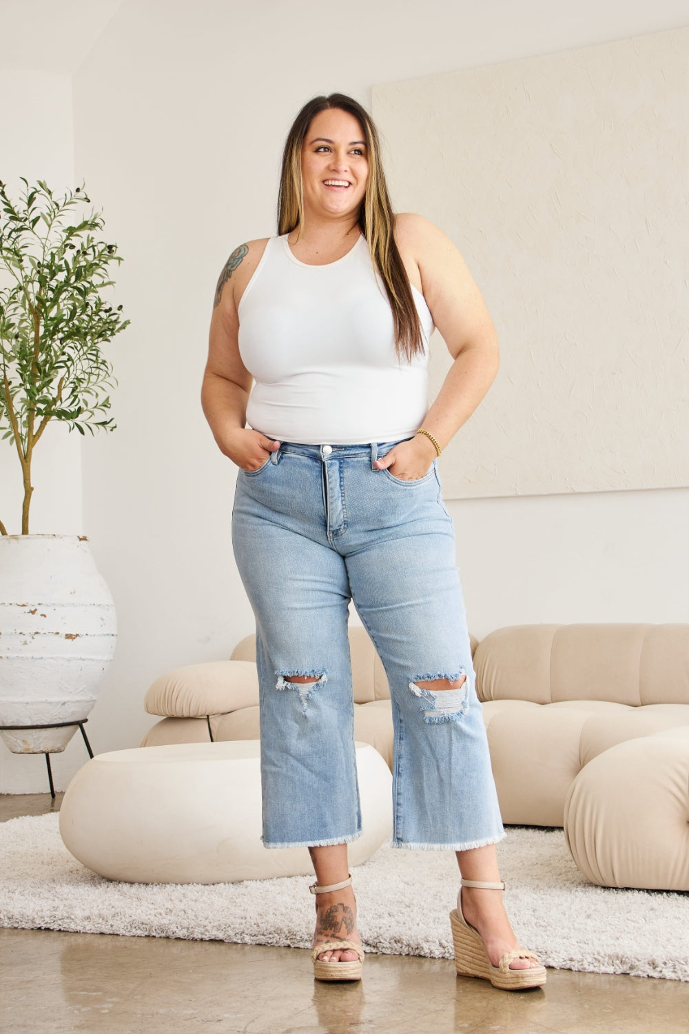 RFM Tummy Control High Waist Raw Hem Distressed Jeans - Tigbul's Variety Fashion Shop
