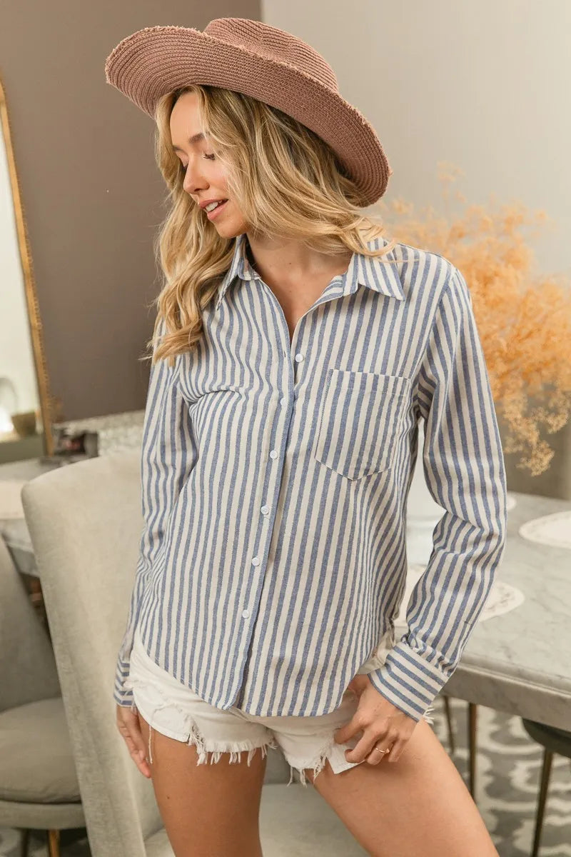 BiBi Lurex Linen Stripe Shirt Button Down Top - Tigbul's Variety Fashion Shop