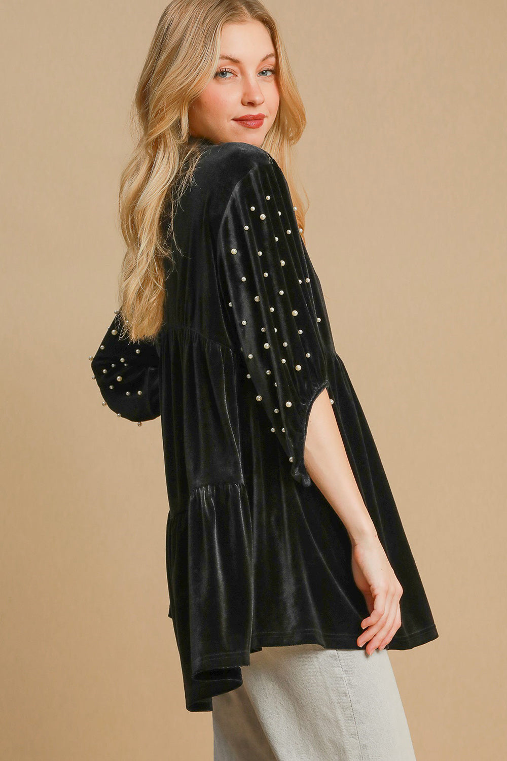 Pearl Detail Half Sleeve Velvet Babydoll Blouse - Tigbul's Variety Fashion Shop