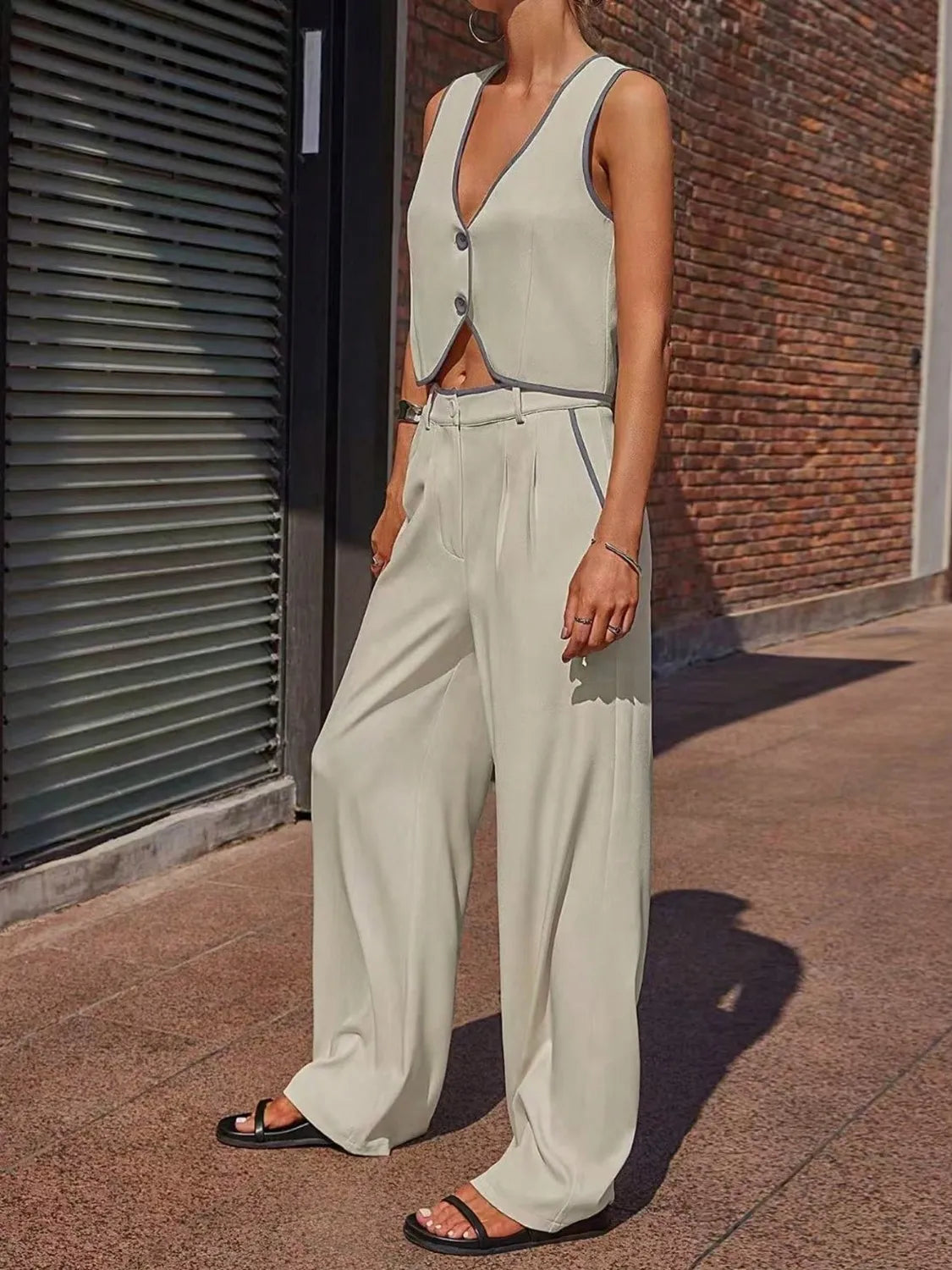 Beige V-Neck Vest and Pants Set - Tigbul's Variety Fashion Shop