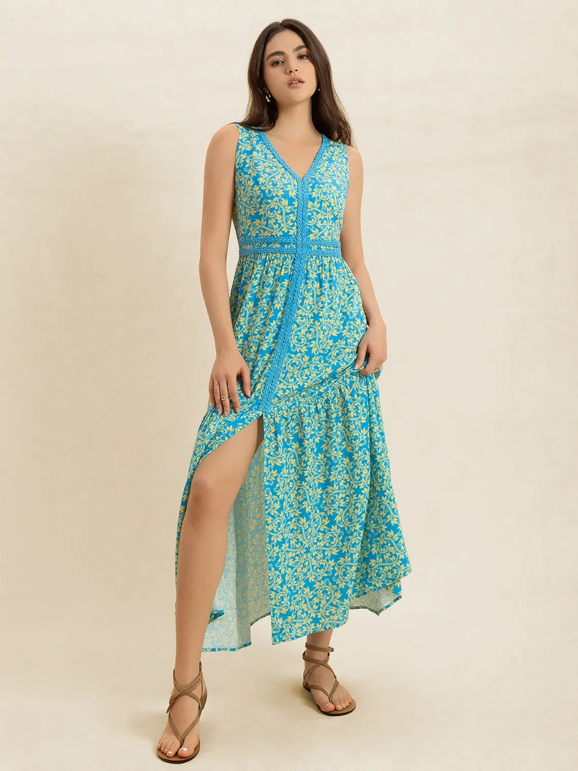 Teal Printed V-Neck Sleeveless Dress - Tigbul's Variety Fashion Shop