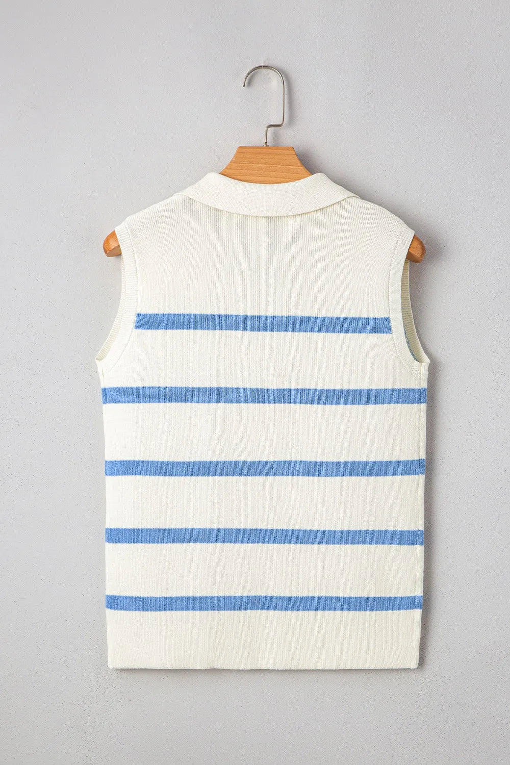 Stripe Split V Neck Collared Ribbed White Sweater Vest - Tigbul's Variety Fashion Shop