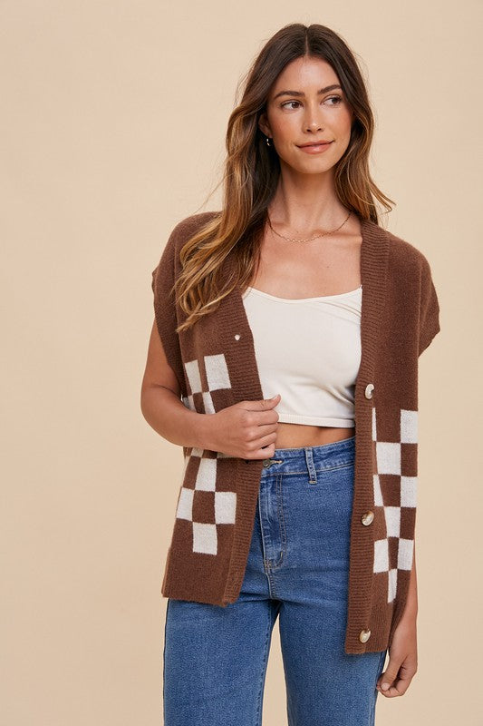 Dark Brown Checkered Button Down Short Sleeve Cardigan - Tigbul's Variety Fashion Shop