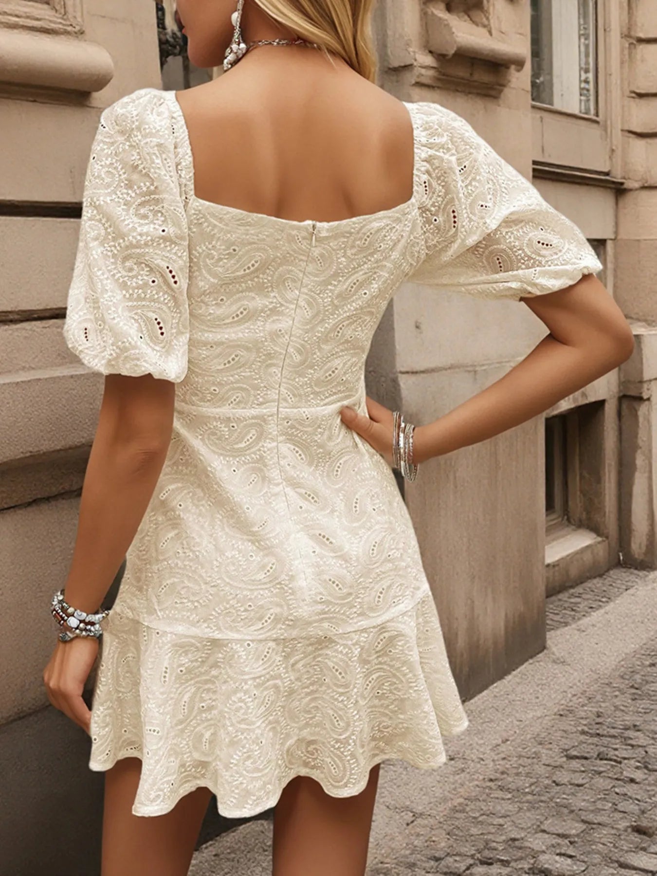 Eyelet Puff Sleeve Mini Dress - Tigbul's Variety Fashion Shop