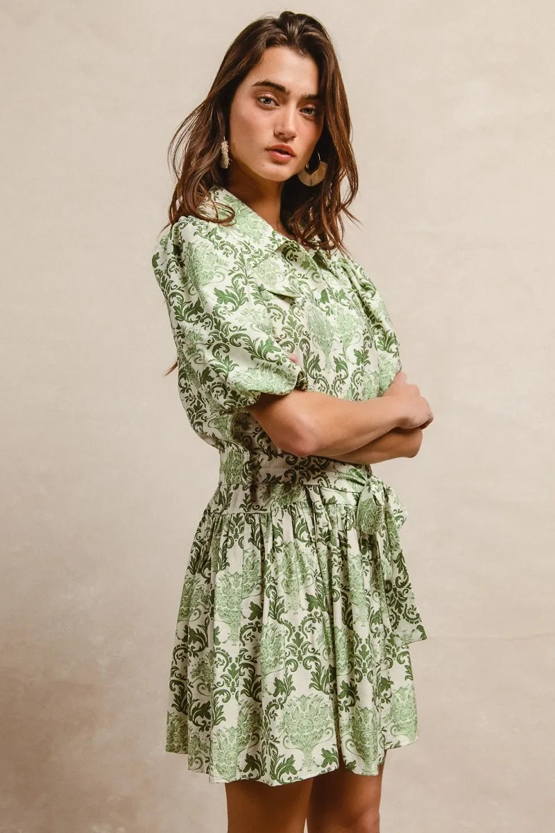 BiBi Tied Floral Short Sleeve Mini Shirt Dress - Tigbul's Variety Fashion Shop