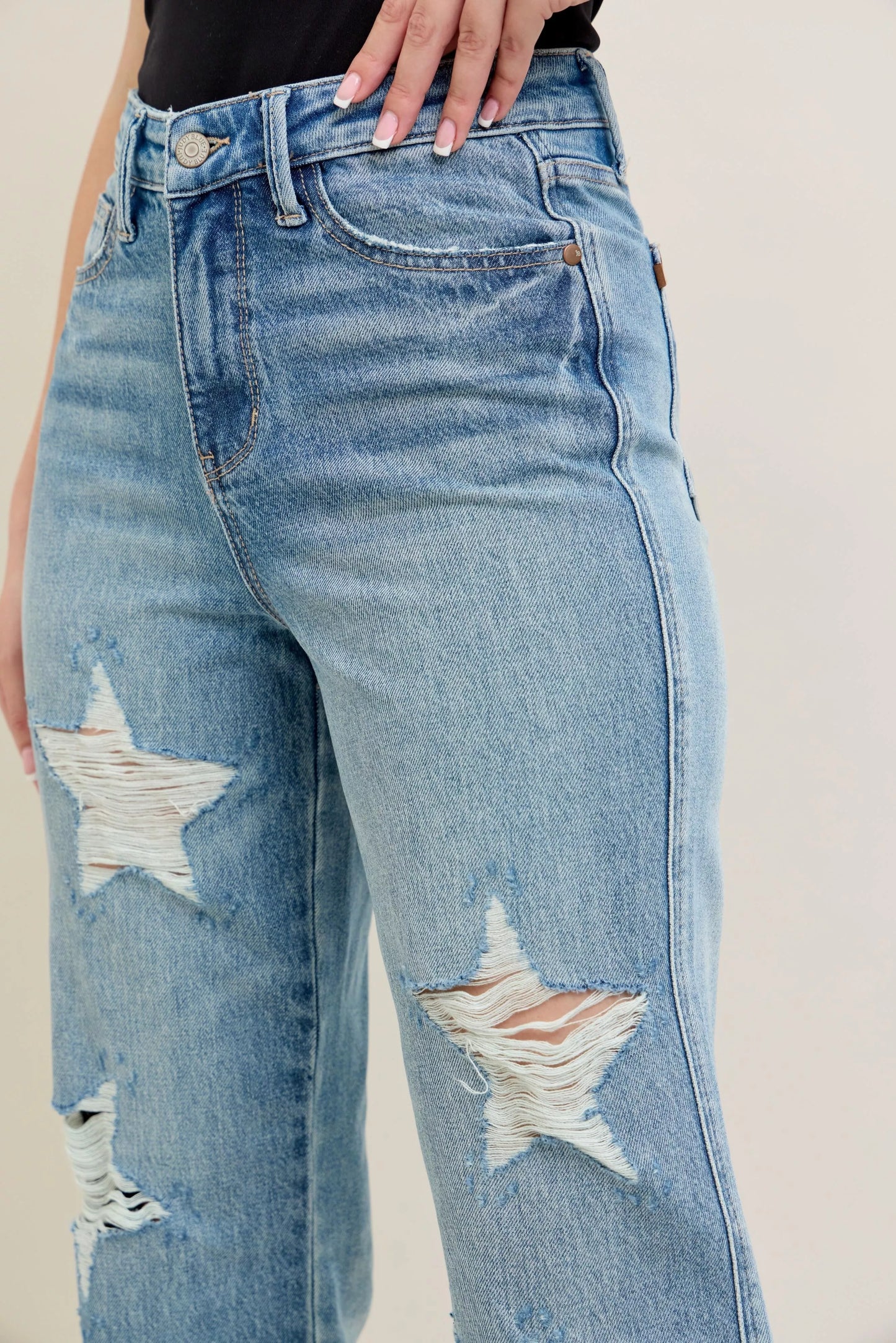 Judy Blue Full Size High Waist Rigid Magic Star Shaped Destroy 90's Straight Jeans Plus Size - Tigbul's Variety Fashion Shop
