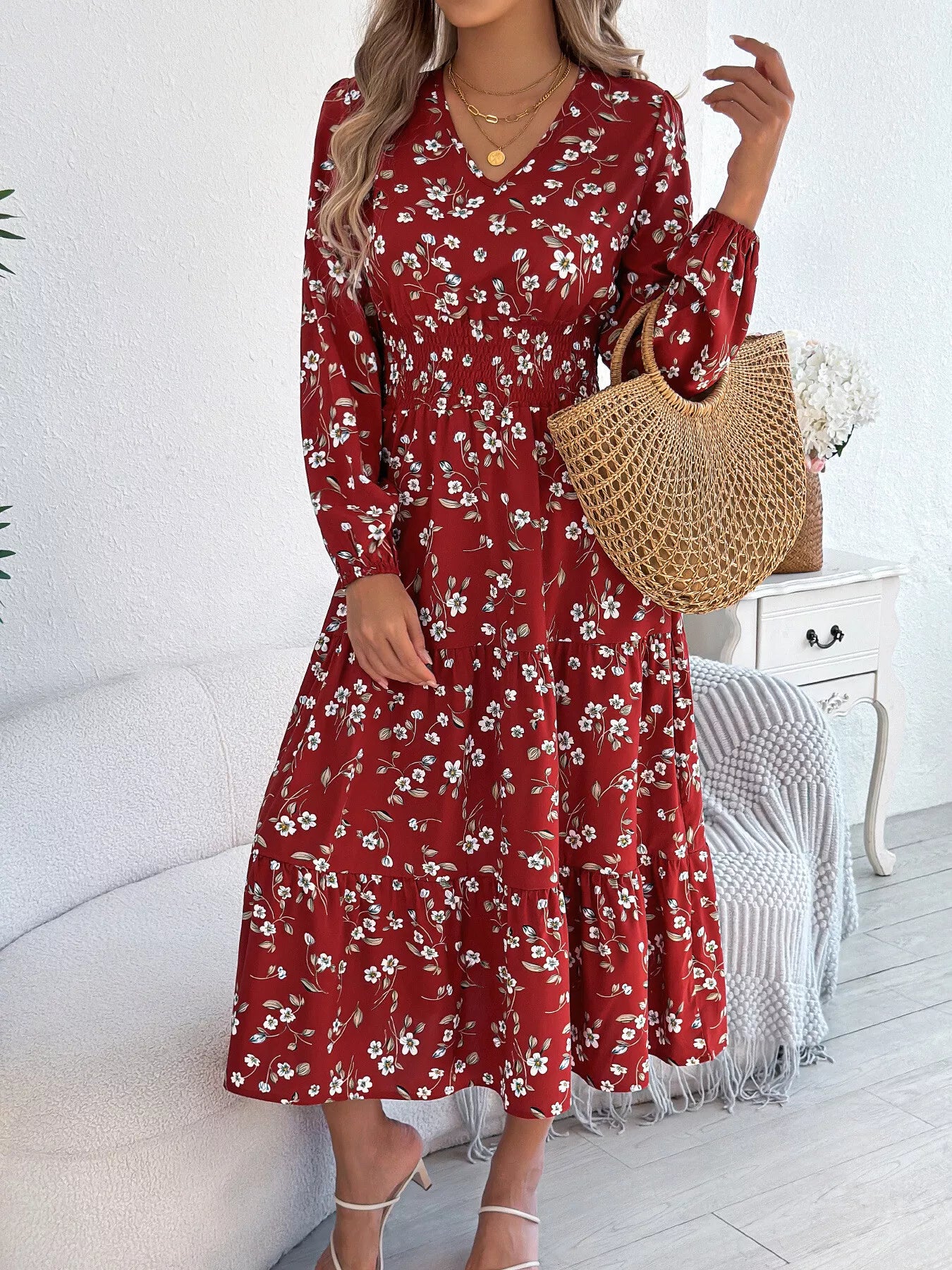 Floral Print Long Sleeve V-Neck Midi Dress - Tigbul's Variety Fashion Shop