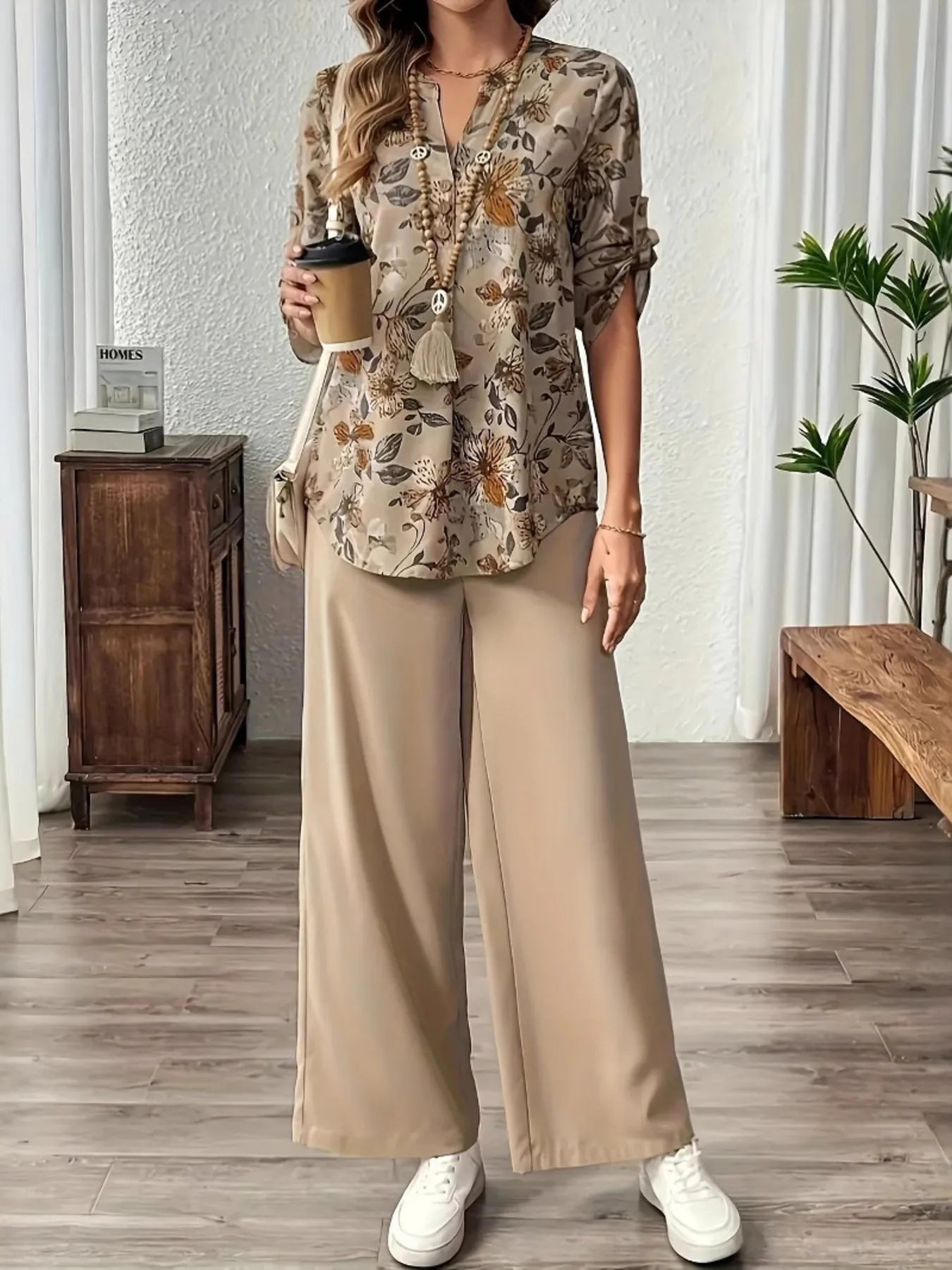 Printed Notched Long Sleeve Top and Pants Set - Tigbul's Variety Fashion Shop