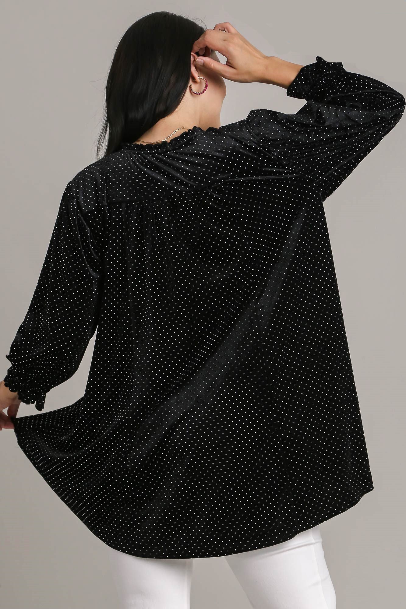 Beaded Frill Flounce Sleeve Black Velvet Babydoll Blouse - Tigbul's Variety Fashion Shop