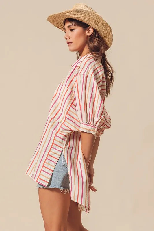 Pink Multicolored Stripe Button Down Shirt - Tigbul's Variety Fashion Shop